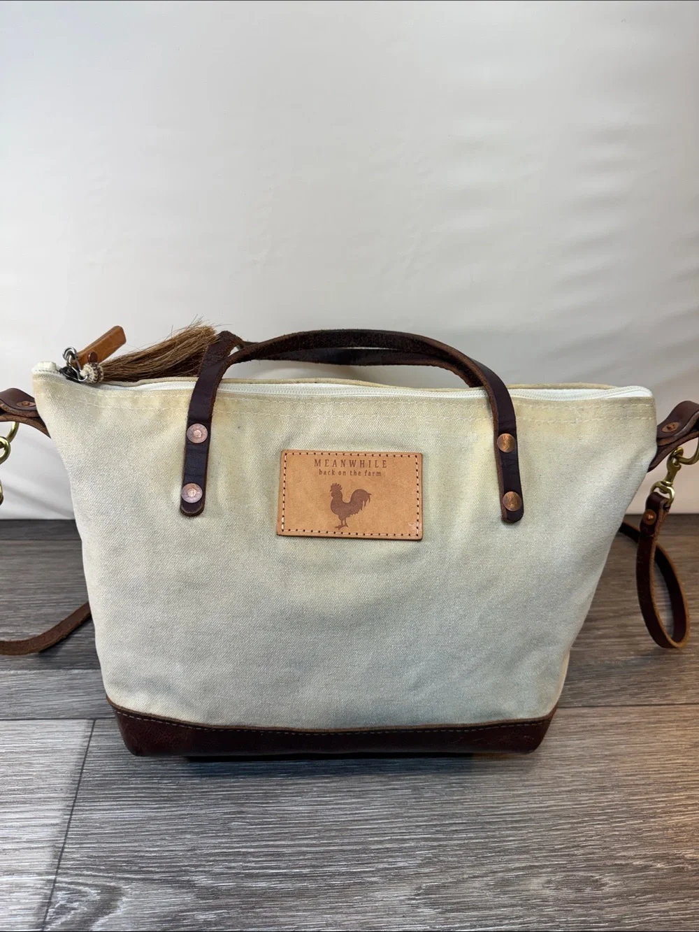 Meanwhile Canvas Shoulder Bag with Brown Leather Trim - Cream
